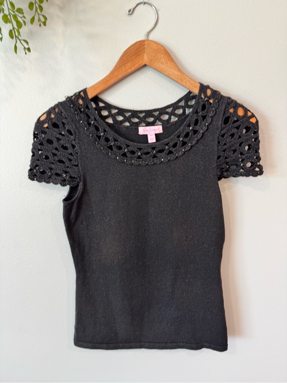 Lilly Pulitzer Black Knit Top with Crochet Short Sleeves And Rhinestones Size M